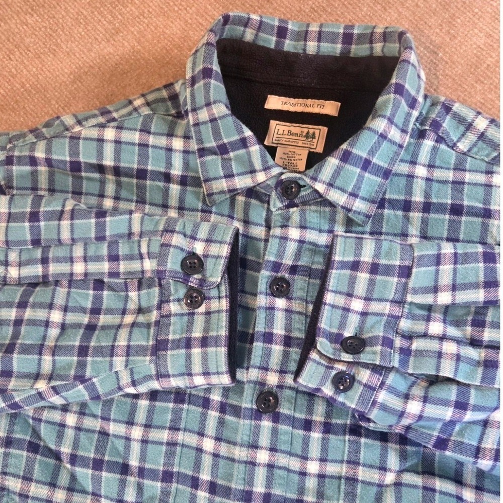LL Bean Mens Fleece Lined Flannel‎ Shirt Large Tall Plaid Button Up Teal